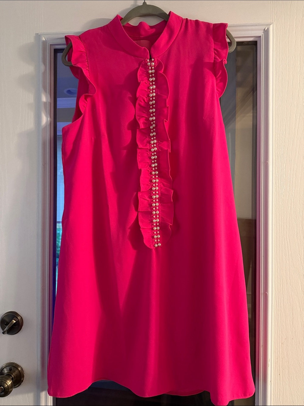 Lilly Pulitzer Hot Pink Sleeveless Ruffle Dress with Pearl Trim